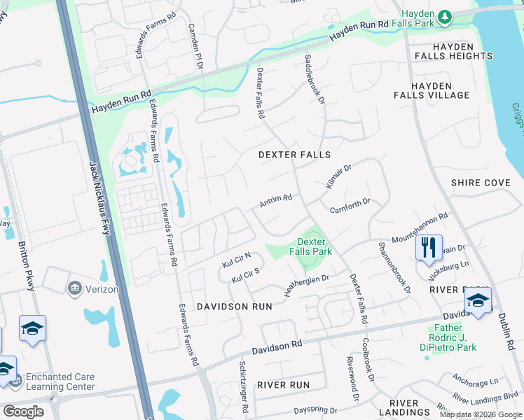map of restaurants, bars, coffee shops, grocery stores, and more near 3901 Antrim Road in Columbus