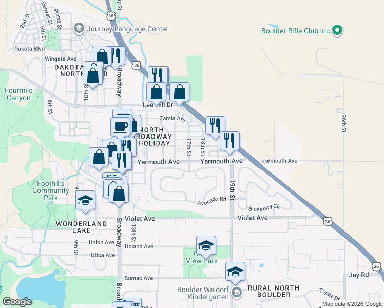map of restaurants, bars, coffee shops, grocery stores, and more near 4600 17th Street in Boulder
