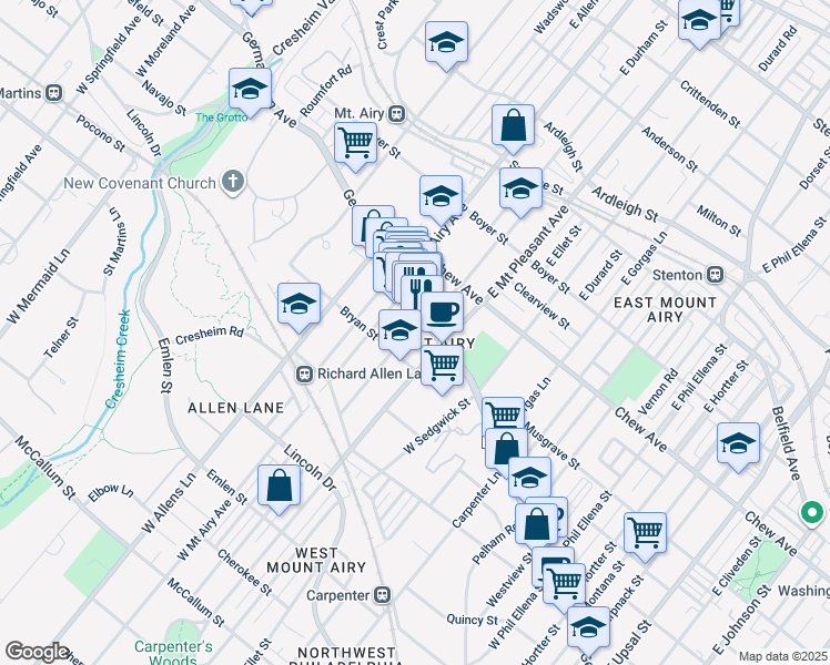 map of restaurants, bars, coffee shops, grocery stores, and more near 20 West Durham Street in Philadelphia