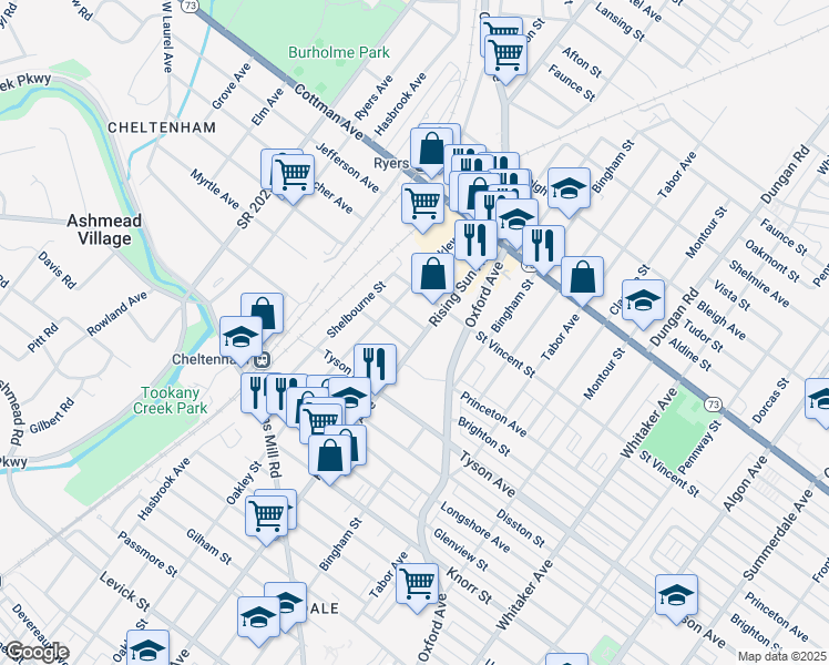 map of restaurants, bars, coffee shops, grocery stores, and more near 7112 Rising Sun Avenue in Philadelphia
