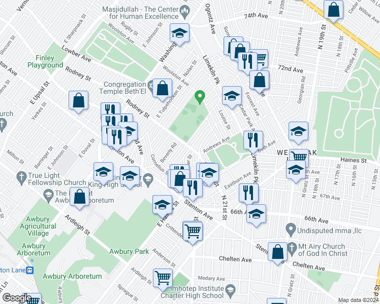 map of restaurants, bars, coffee shops, grocery stores, and more near 2105 Homer Street in Philadelphia