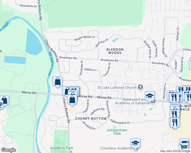 map of restaurants, bars, coffee shops, grocery stores, and more near 4088 Blue Coat Lane in Gahanna