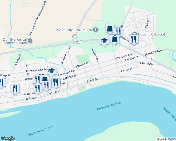 map of restaurants, bars, coffee shops, grocery stores, and more near 416 East Market Street in Marietta
