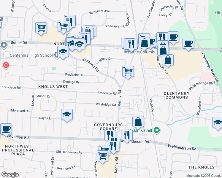 map of restaurants, bars, coffee shops, grocery stores, and more near 4927 Buck Thorn Lane in Columbus
