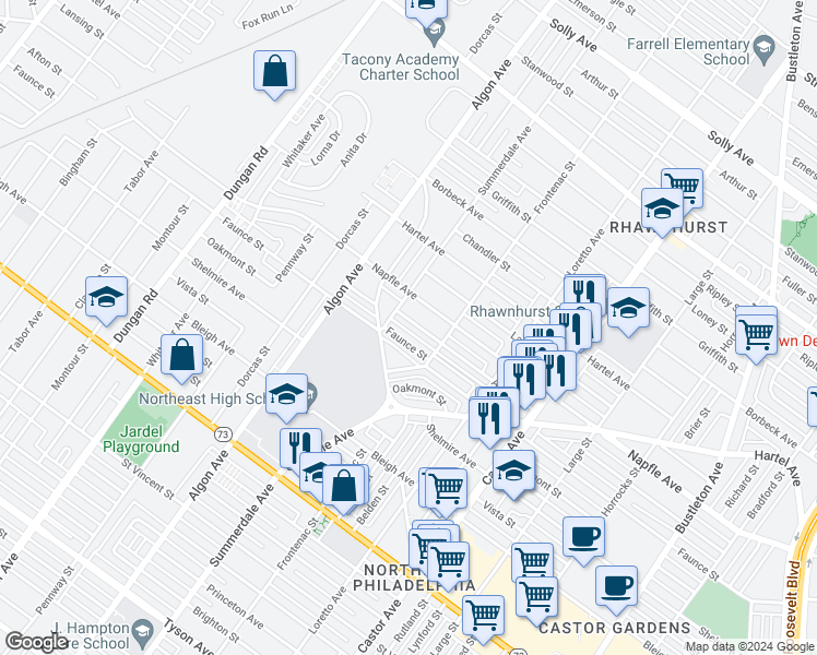 map of restaurants, bars, coffee shops, grocery stores, and more near 1712 Afton Street in Philadelphia