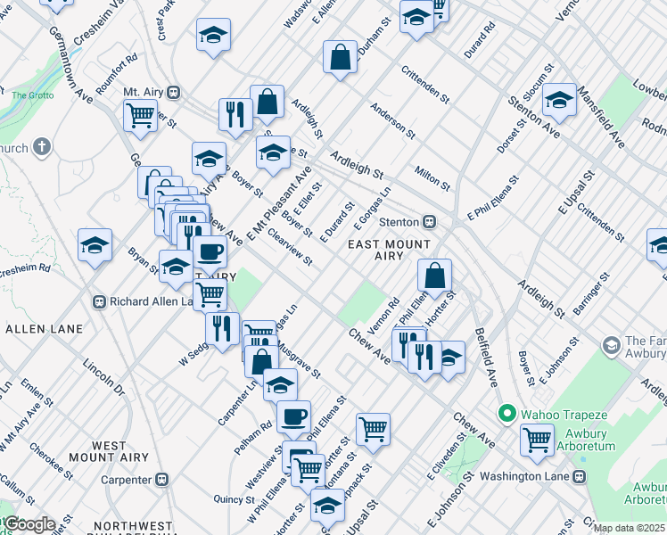 map of restaurants, bars, coffee shops, grocery stores, and more near 222 East Gorgas Lane in Philadelphia