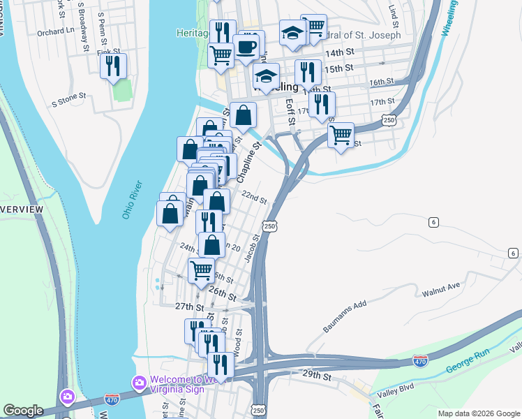 map of restaurants, bars, coffee shops, grocery stores, and more near 68 22nd Street in Wheeling