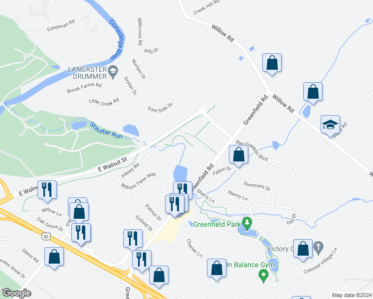 map of restaurants, bars, coffee shops, grocery stores, and more near 355 Pitney Road in Lancaster