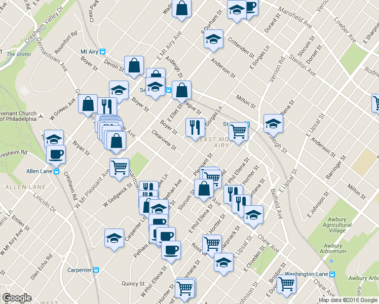 map of restaurants, bars, coffee shops, grocery stores, and more near 222 East Gorgas Lane in Philadelphia