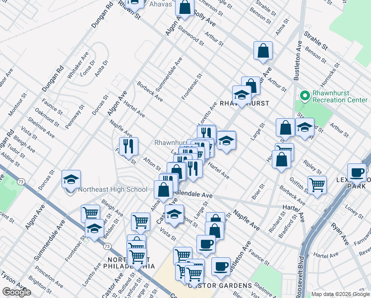map of restaurants, bars, coffee shops, grocery stores, and more near 7732 Loretto Avenue in Philadelphia