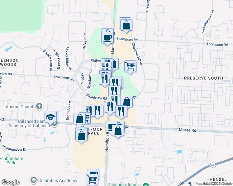 map of restaurants, bars, coffee shops, grocery stores, and more near 1378 North Hamilton Road in Gahanna