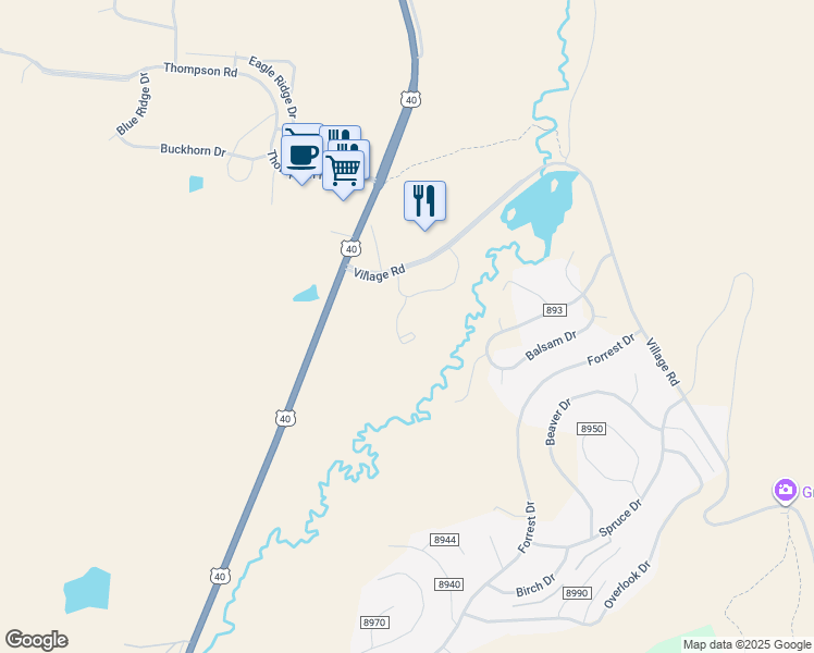 map of restaurants, bars, coffee shops, grocery stores, and more near 162 Village Road in Granby