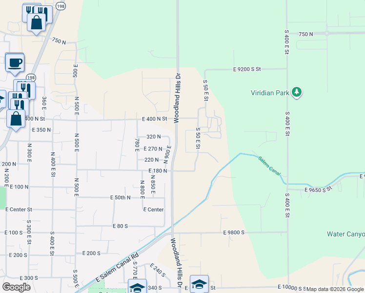map of restaurants, bars, coffee shops, grocery stores, and more near 285 North 990 East in Salem