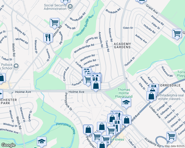 map of restaurants, bars, coffee shops, grocery stores, and more near 3141 Fordham Road in Philadelphia