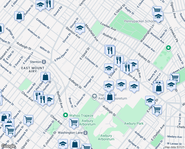 map of restaurants, bars, coffee shops, grocery stores, and more near 1211 Barringer Street in Philadelphia