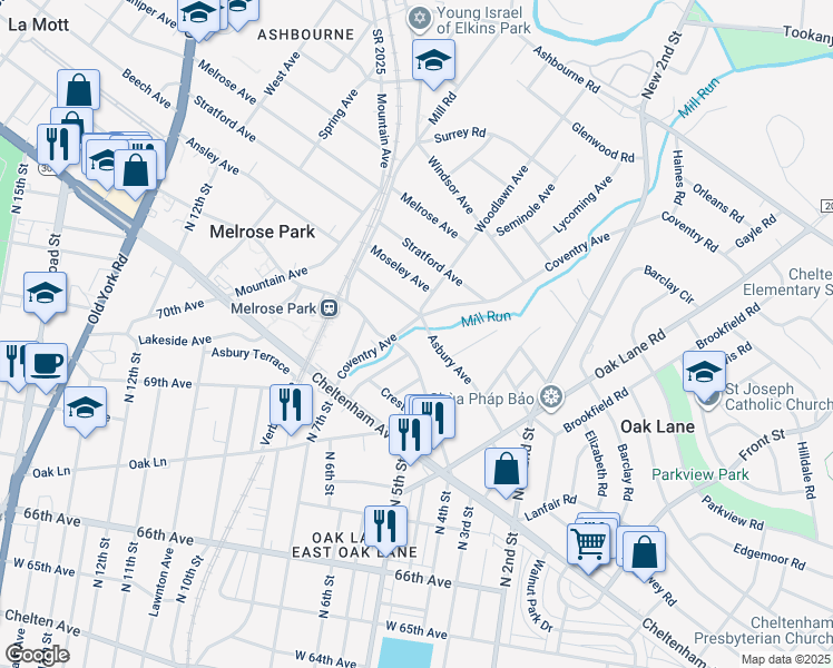 map of restaurants, bars, coffee shops, grocery stores, and more near 7301 Coventry Avenue in Elkins Park