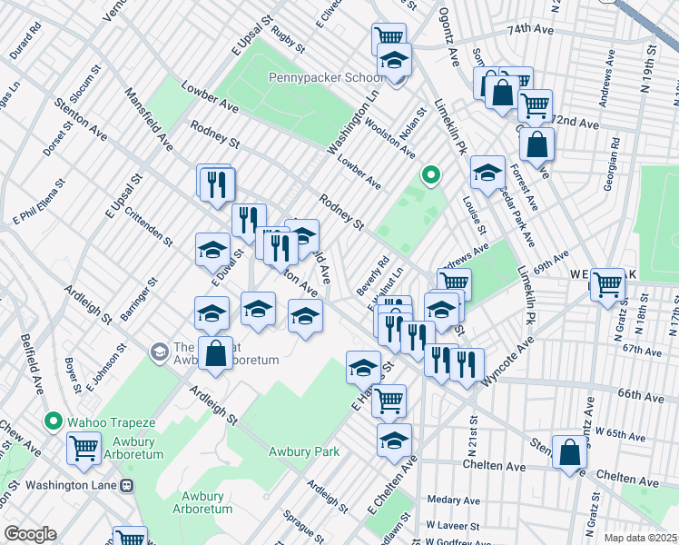 map of restaurants, bars, coffee shops, grocery stores, and more near 7236 Cornelius Street in Philadelphia