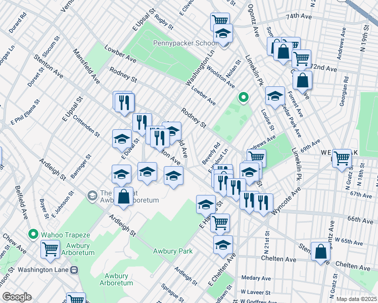map of restaurants, bars, coffee shops, grocery stores, and more near 7243 Mansfield Avenue in Philadelphia