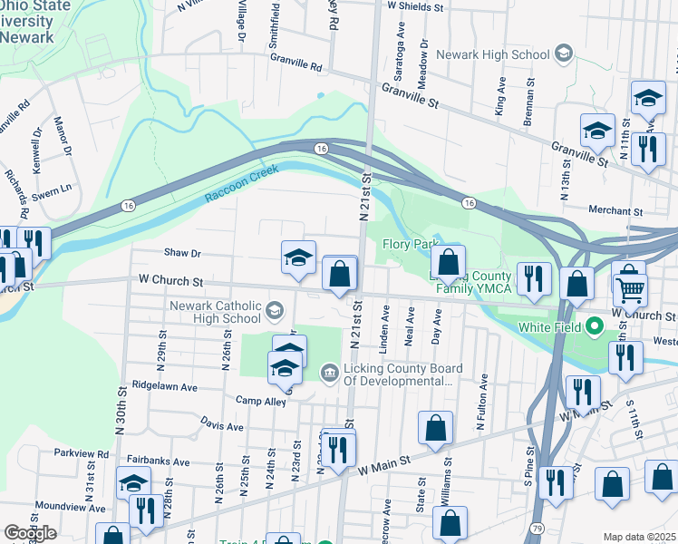 map of restaurants, bars, coffee shops, grocery stores, and more near 775 West Locust Street in Newark