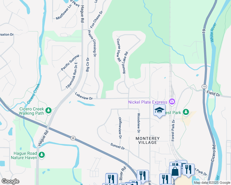 map of restaurants, bars, coffee shops, grocery stores, and more near 888 Lakeview Drive in Noblesville