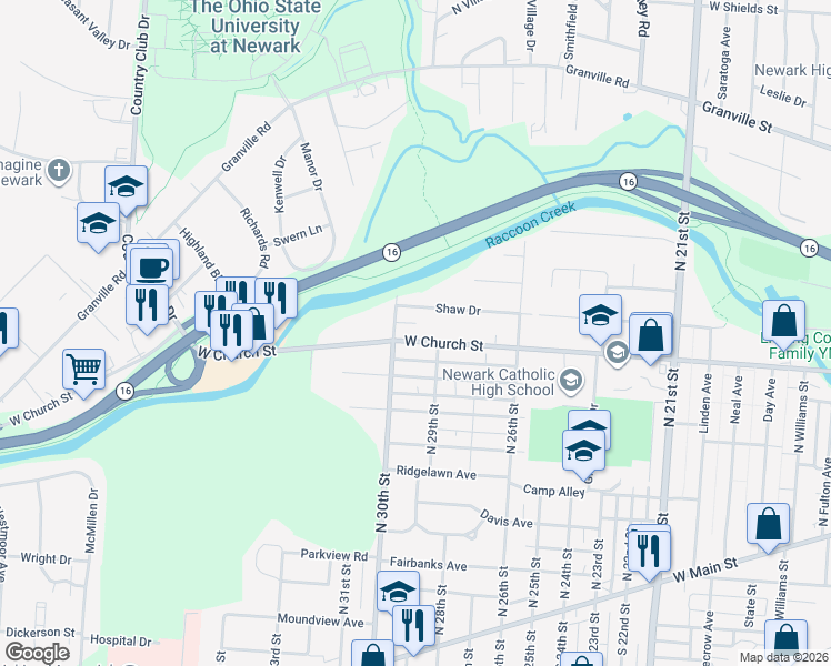 map of restaurants, bars, coffee shops, grocery stores, and more near 1034 West Church Street in Newark