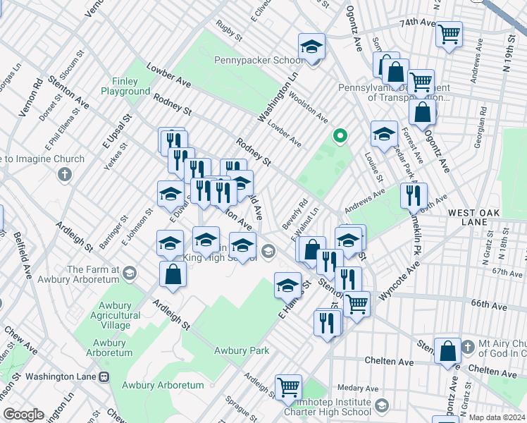 map of restaurants, bars, coffee shops, grocery stores, and more near 7243 Mansfield Avenue in Philadelphia