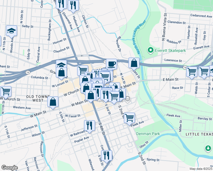 map of restaurants, bars, coffee shops, grocery stores, and more near 15 East Church Street in Newark