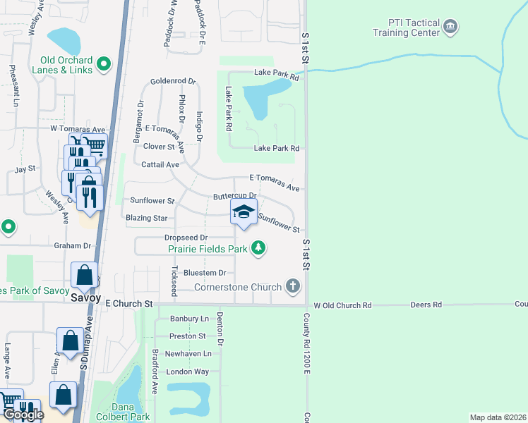 map of restaurants, bars, coffee shops, grocery stores, and more near 609 Buttercup Drive in Savoy