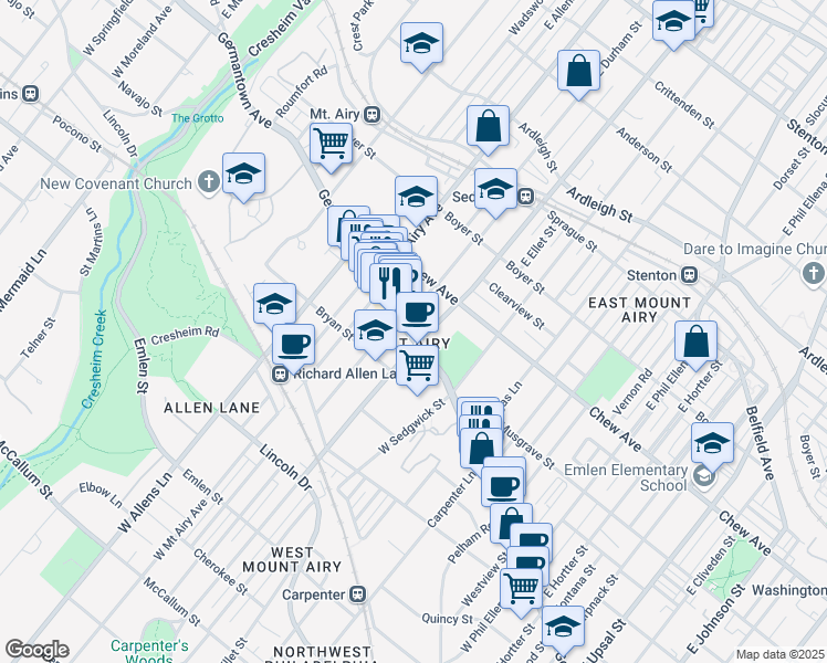 map of restaurants, bars, coffee shops, grocery stores, and more near 7111 Germantown Avenue in Philadelphia