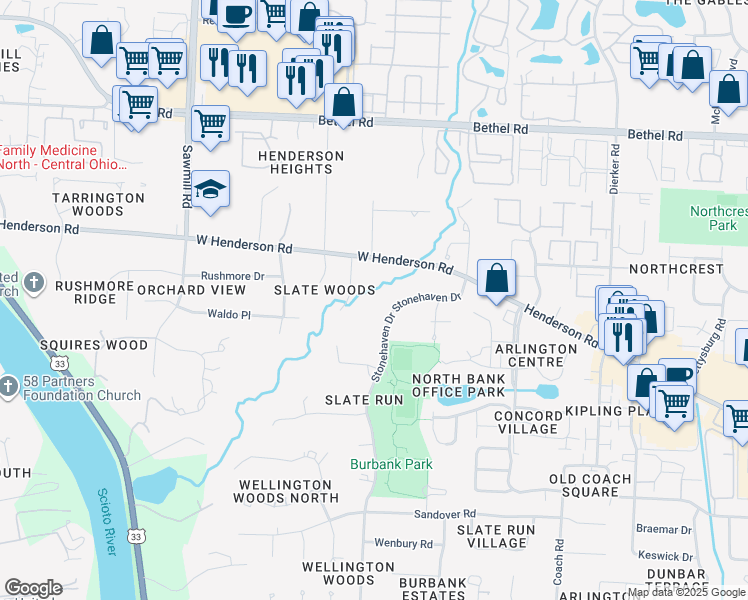 map of restaurants, bars, coffee shops, grocery stores, and more near 4881 Stonehaven Drive in Columbus