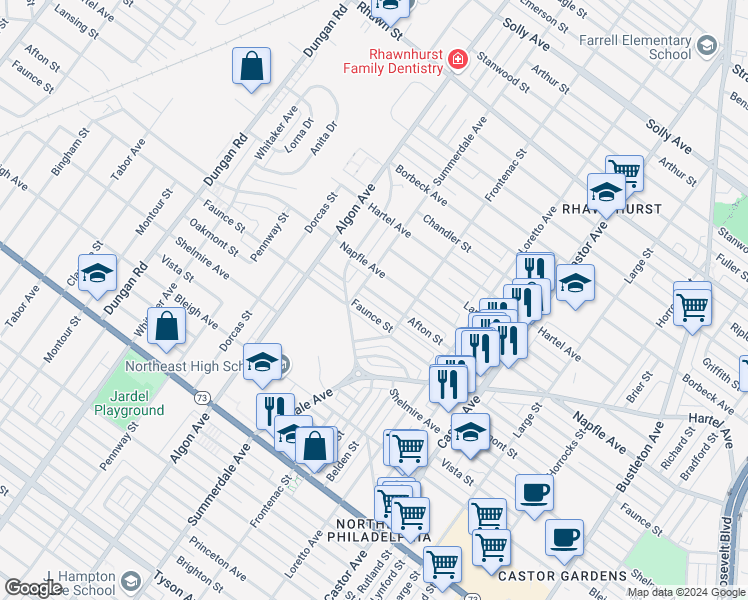 map of restaurants, bars, coffee shops, grocery stores, and more near 1712 Afton Street in Philadelphia
