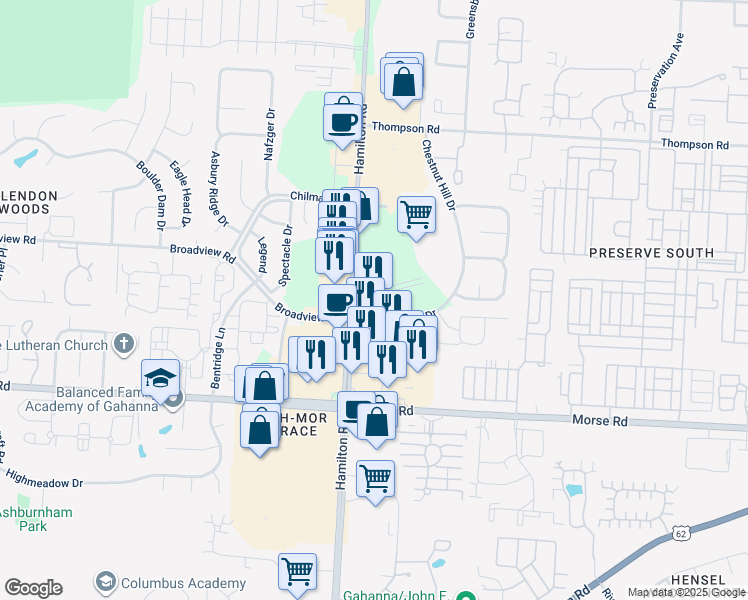 map of restaurants, bars, coffee shops, grocery stores, and more near 1378 North Hamilton Road in Columbus