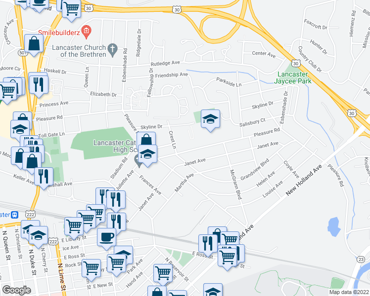 map of restaurants, bars, coffee shops, grocery stores, and more near 815 Pleasure Road in Lancaster