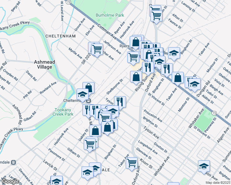 map of restaurants, bars, coffee shops, grocery stores, and more near 7024 Oakley Street in Philadelphia