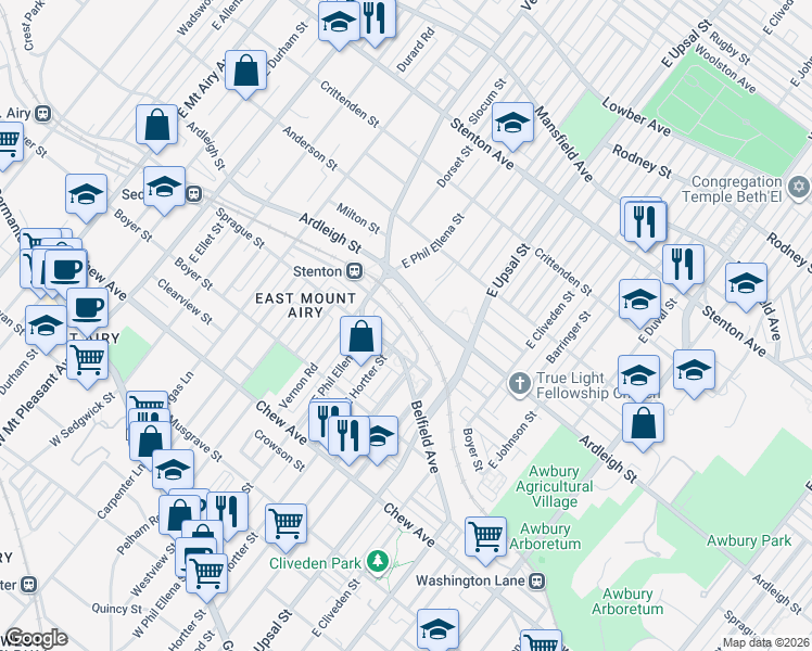 map of restaurants, bars, coffee shops, grocery stores, and more near 6635 Blakemore Street in Philadelphia