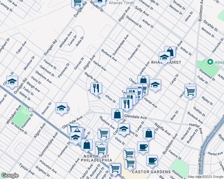 map of restaurants, bars, coffee shops, grocery stores, and more near 7700 Frontenac Street in Philadelphia