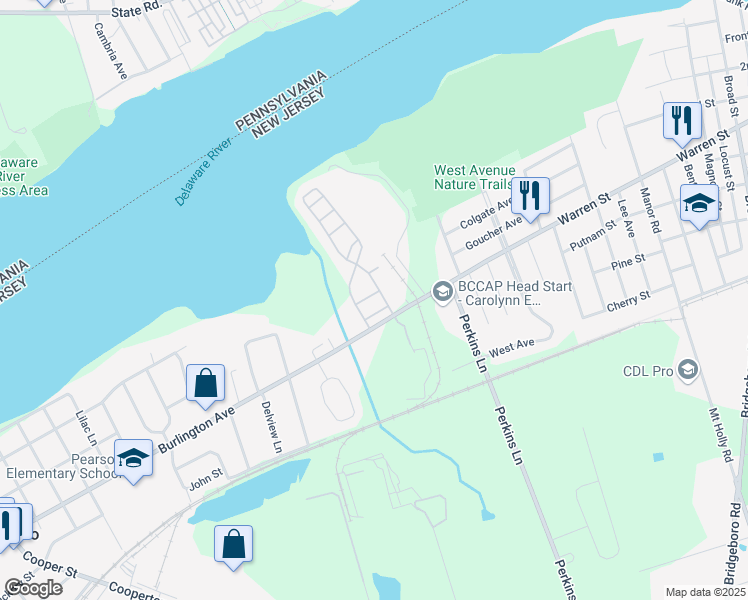 map of restaurants, bars, coffee shops, grocery stores, and more near 36 Swan Court in Delanco