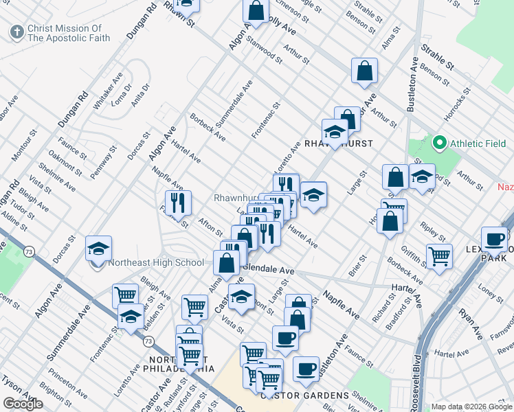 map of restaurants, bars, coffee shops, grocery stores, and more near 7732 Loretto Avenue in Philadelphia
