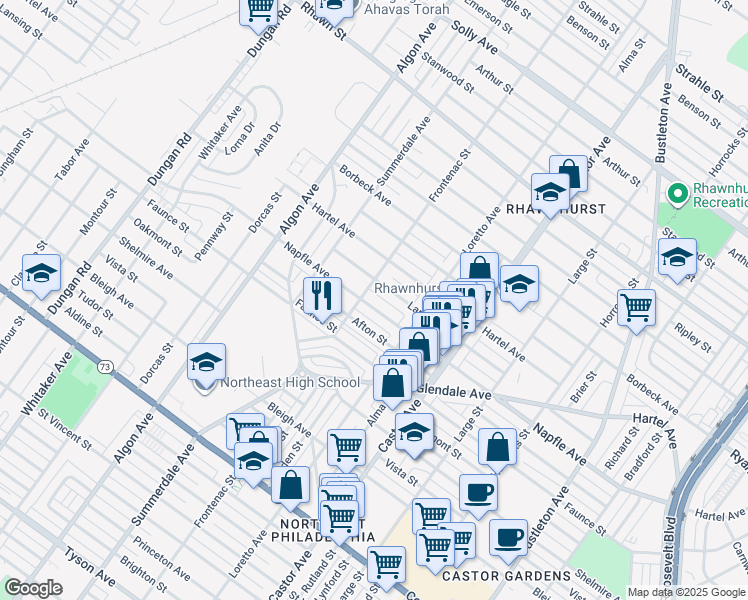 map of restaurants, bars, coffee shops, grocery stores, and more near 7700 Frontenac Street in Philadelphia