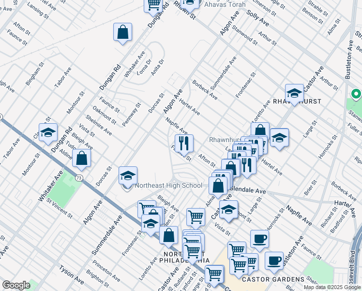 map of restaurants, bars, coffee shops, grocery stores, and more near 1713 Afton Street in Philadelphia