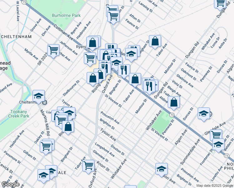 map of restaurants, bars, coffee shops, grocery stores, and more near 7232 Lawndale Avenue in Philadelphia