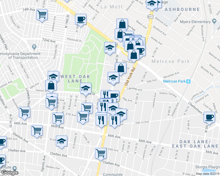 map of restaurants, bars, coffee shops, grocery stores, and more near 6908 North Broad Street in Philadelphia