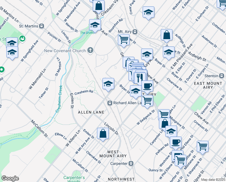 map of restaurants, bars, coffee shops, grocery stores, and more near 7300 Rural Lane in Philadelphia