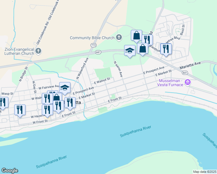 map of restaurants, bars, coffee shops, grocery stores, and more near 416 East Market Street in Marietta