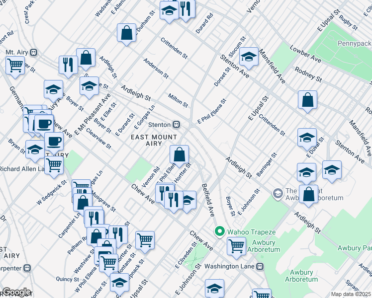 map of restaurants, bars, coffee shops, grocery stores, and more near 6665 Sprague Street in Philadelphia