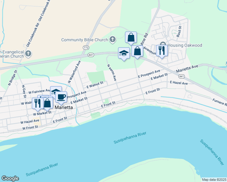 map of restaurants, bars, coffee shops, grocery stores, and more near 457 East Market Street in Marietta