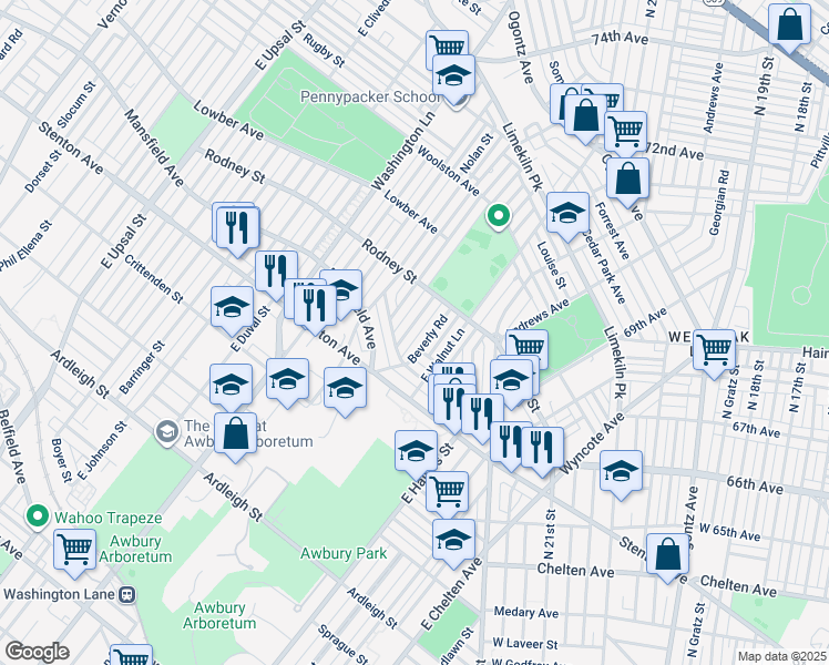 map of restaurants, bars, coffee shops, grocery stores, and more near 1526 East Pastorius Street in Philadelphia