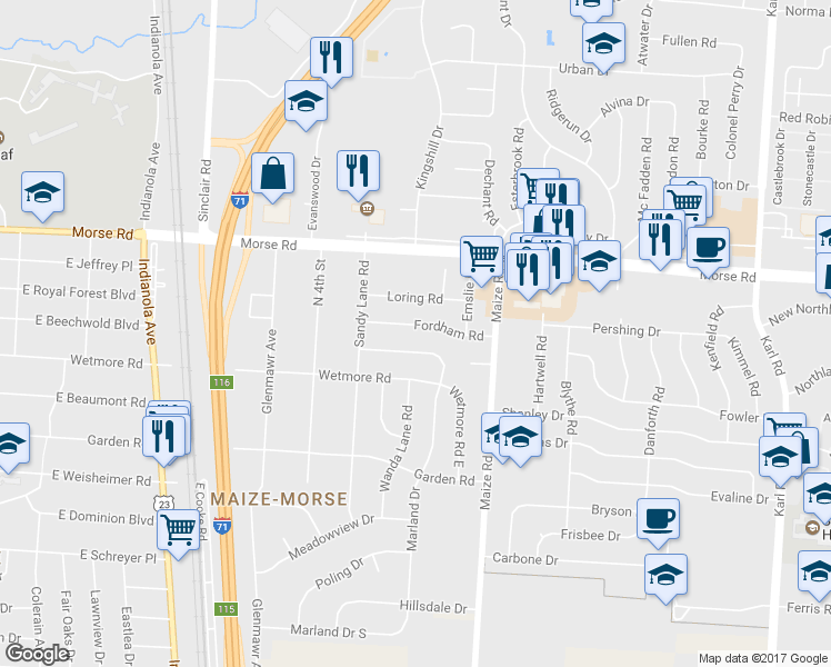 map of restaurants, bars, coffee shops, grocery stores, and more near 1073 Fordham Road in Columbus