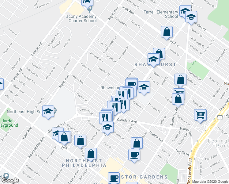 map of restaurants, bars, coffee shops, grocery stores, and more near 7726 Loretto Avenue in Philadelphia