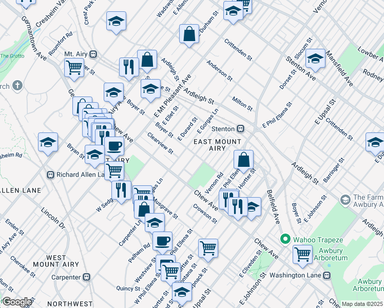 map of restaurants, bars, coffee shops, grocery stores, and more near 275 Meehan Avenue in Philadelphia
